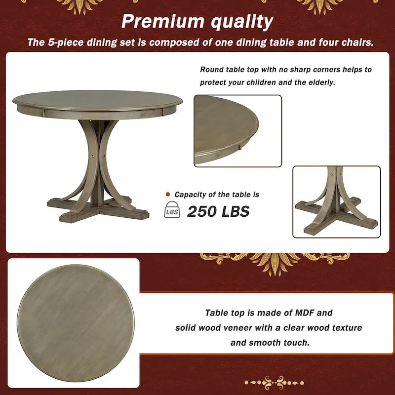 Ensemble de table et chaises de salle à manger rondes rétro 5 pièces, style ferme, avec pieds de table incurvés.