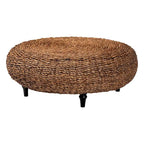 Table basse ronde en jonc de mer tressé à la main Riau avec pieds en bois - Osier naturel pour salon ou chambre