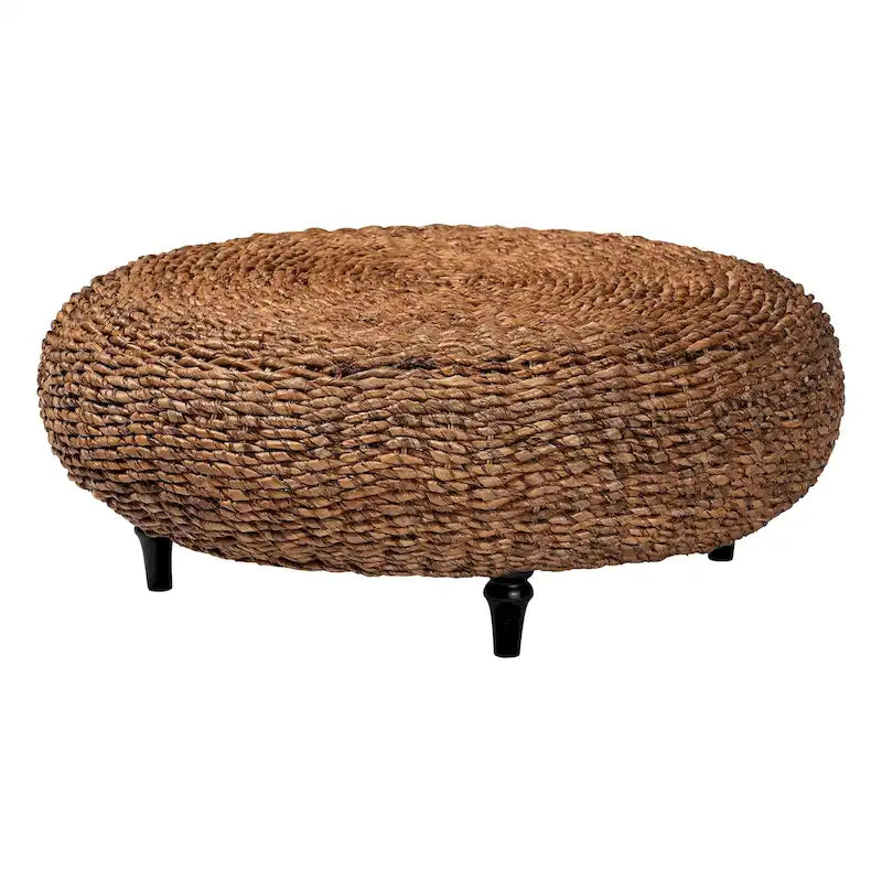 Table basse ronde en jonc de mer tressé à la main Riau avec pieds en bois - Osier naturel pour salon ou chambre