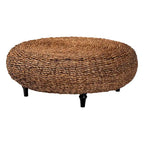 Table basse ronde en jonc de mer tressé à la main Riau avec pieds en bois - Osier naturel pour salon ou chambre
