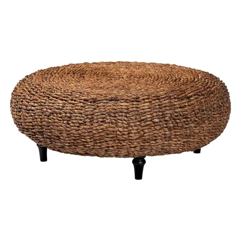 Table basse ronde en jonc de mer tressé à la main Riau avec pieds en bois - Osier naturel pour salon ou chambre
