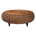Table basse ronde en jonc de mer tressé à la main Riau avec pieds en bois - Osier naturel pour salon ou chambre