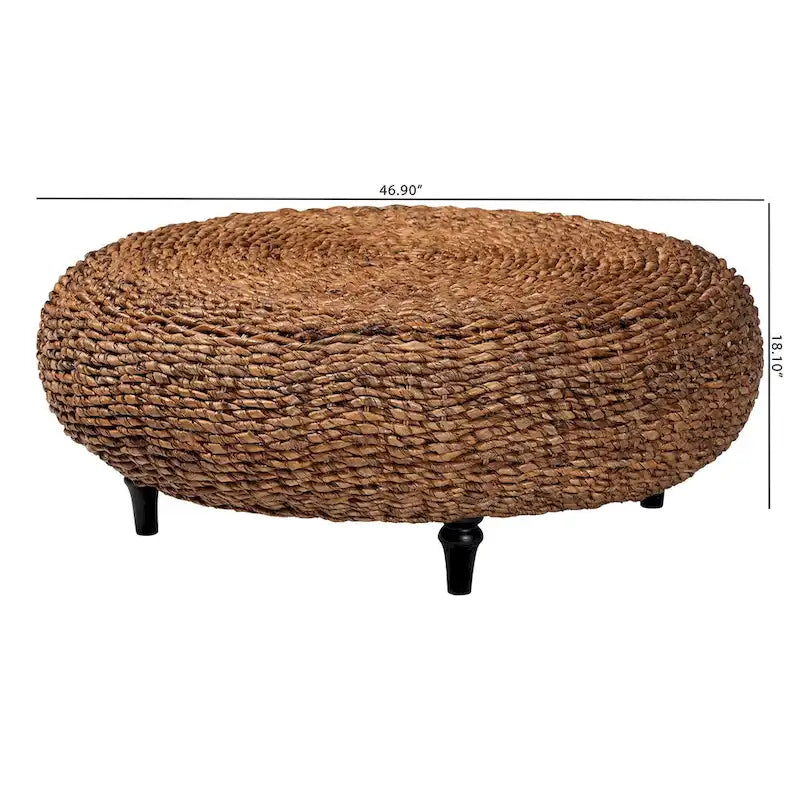 Table basse ronde en jonc de mer tressé à la main Riau avec pieds en bois - Osier naturel pour salon ou chambre