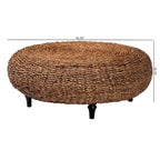 Table basse ronde en jonc de mer tressé à la main Riau avec pieds en bois - Osier naturel pour salon ou chambre