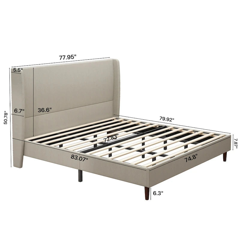 Lit plateforme King avec pieds en bois massif et sommier à 12 lattes