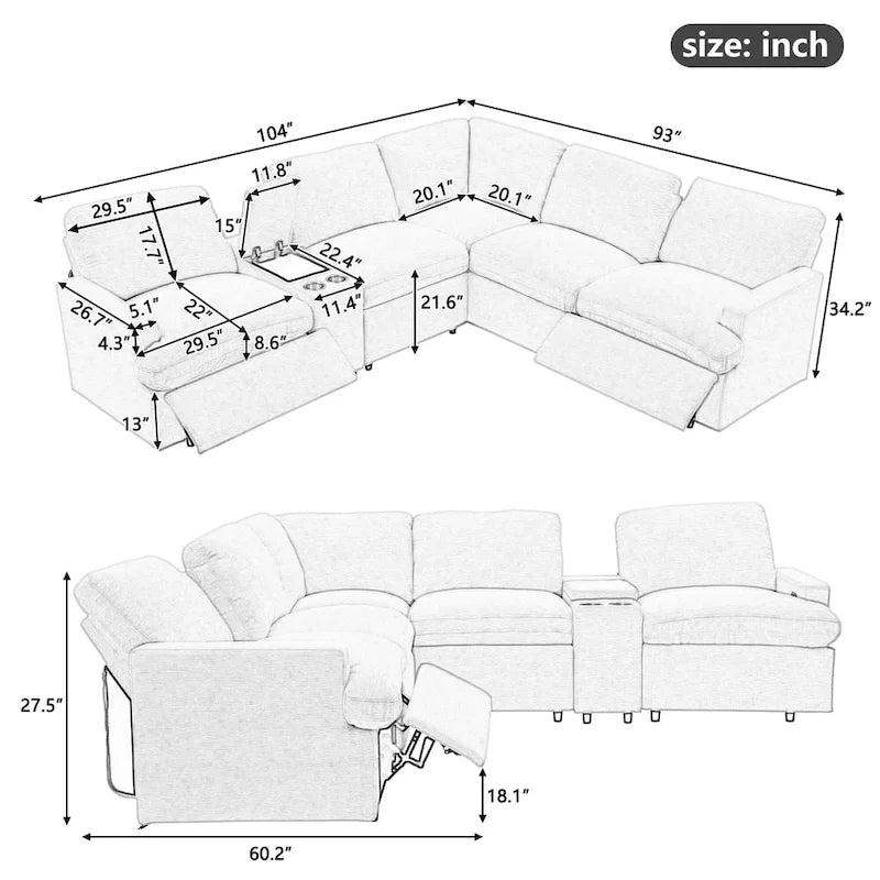 Canapé d'angle inclinable électrique, canapé sectionnel avec porte-gobelets, ports USB et prise électrique pour salon