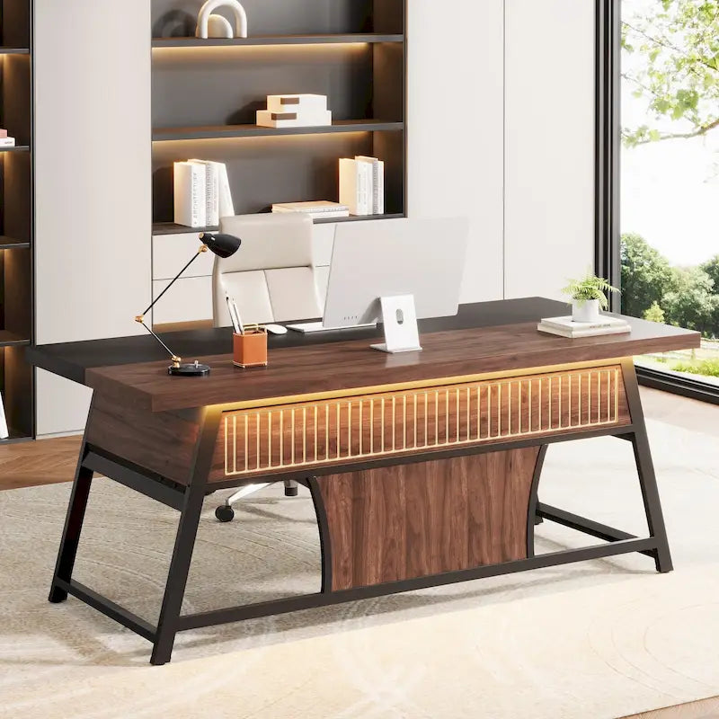 Bureau de direction de 160 cm avec étagère de rangement et éclairage LED, noyer et noir