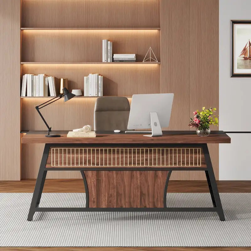 Bureau de direction de 160 cm avec étagère de rangement et éclairage LED, noyer et noir