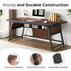 Bureau de direction de 160 cm avec étagère de rangement et éclairage LED, noyer et noir
