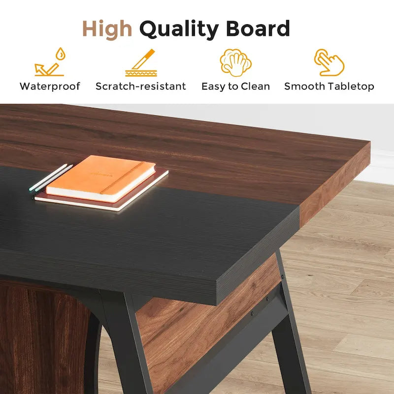 Bureau de direction de 160 cm avec étagère de rangement et éclairage LED, noyer et noir