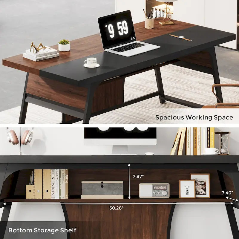 Bureau de direction de 160 cm avec étagère de rangement et éclairage LED, noyer et noir