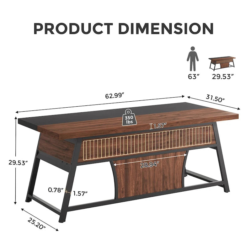 Bureau de direction de 160 cm avec étagère de rangement et éclairage LED, noyer et noir