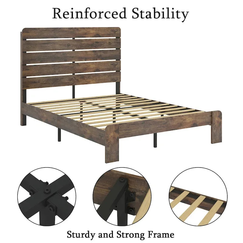Ensemble de chambre à coucher 3 pièces comprenant un cadre de lit plateforme en bois avec tête de lit et un ensemble de 2 tables de chevet en bois massif avec trois tiroirs.