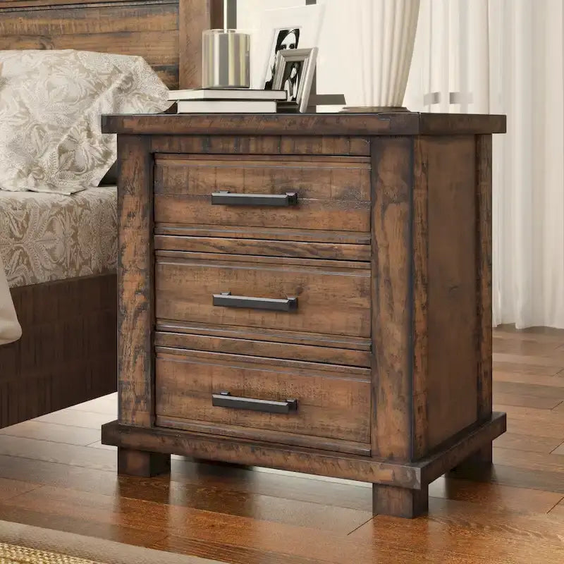 Ensemble de chambre à coucher 3 pièces comprenant un cadre de lit plateforme en bois avec tête de lit et un ensemble de 2 tables de chevet en bois massif avec trois tiroirs.