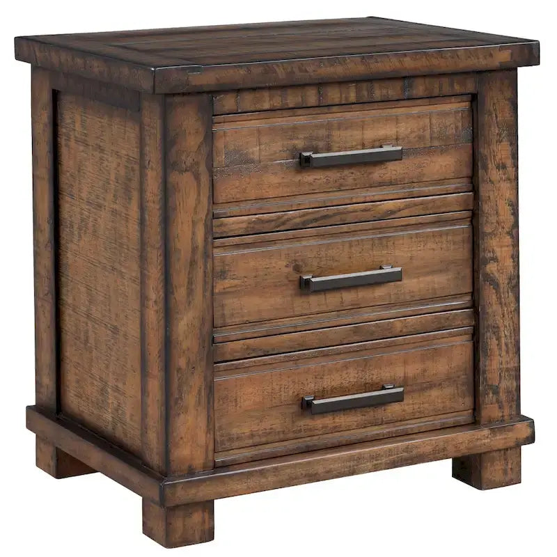 Ensemble de chambre à coucher 3 pièces comprenant un cadre de lit plateforme en bois avec tête de lit et un ensemble de 2 tables de chevet en bois massif avec trois tiroirs.