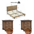 Ensemble de chambre à coucher 3 pièces comprenant un cadre de lit plateforme en bois avec tête de lit et un ensemble de 2 tables de chevet en bois massif avec trois tiroirs.