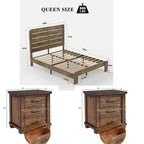 Ensemble de chambre à coucher 3 pièces comprenant un cadre de lit plateforme en bois avec tête de lit et un ensemble de 2 tables de chevet en bois massif avec trois tiroirs.