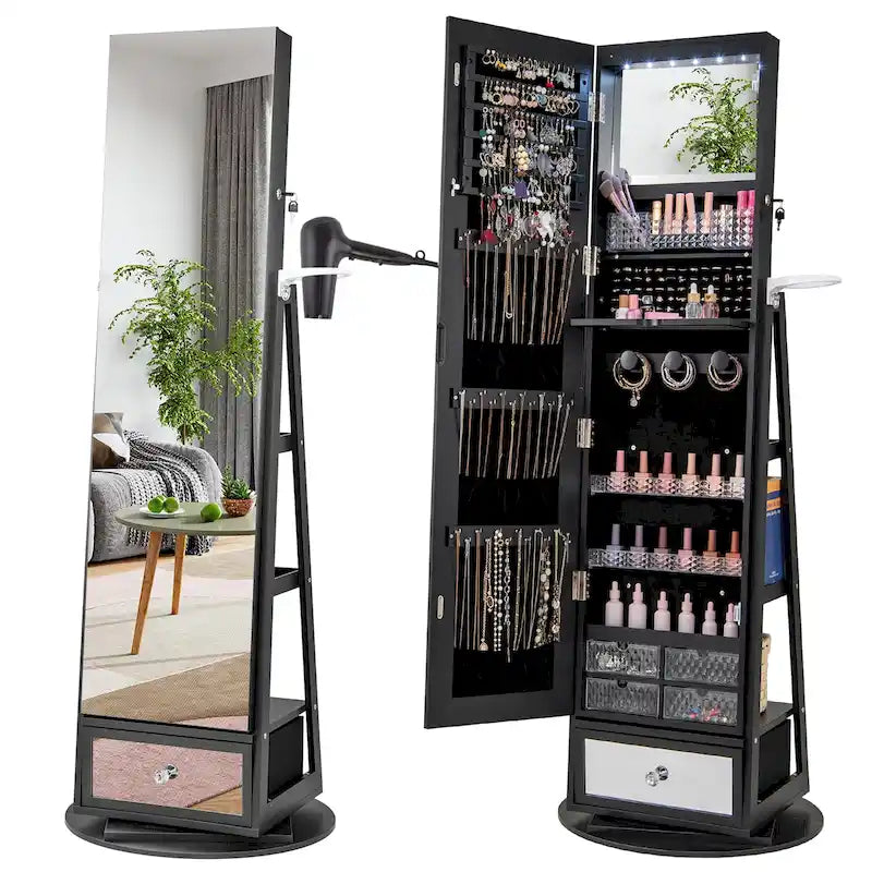 Armoire à bijoux pivotante Gymax avec miroir, organisateur de rangement pour bijoux