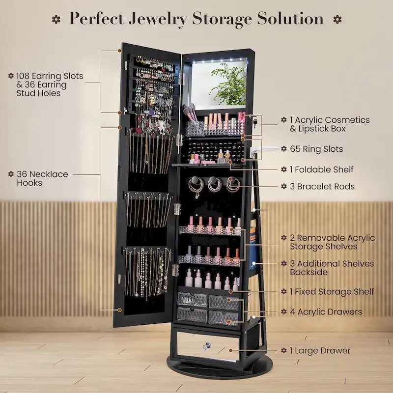 Armoire à bijoux pivotante Gymax avec miroir, organisateur de rangement pour bijoux