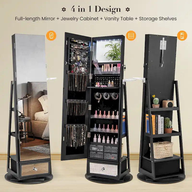 Armoire à bijoux pivotante Gymax avec miroir, organisateur de rangement pour bijoux