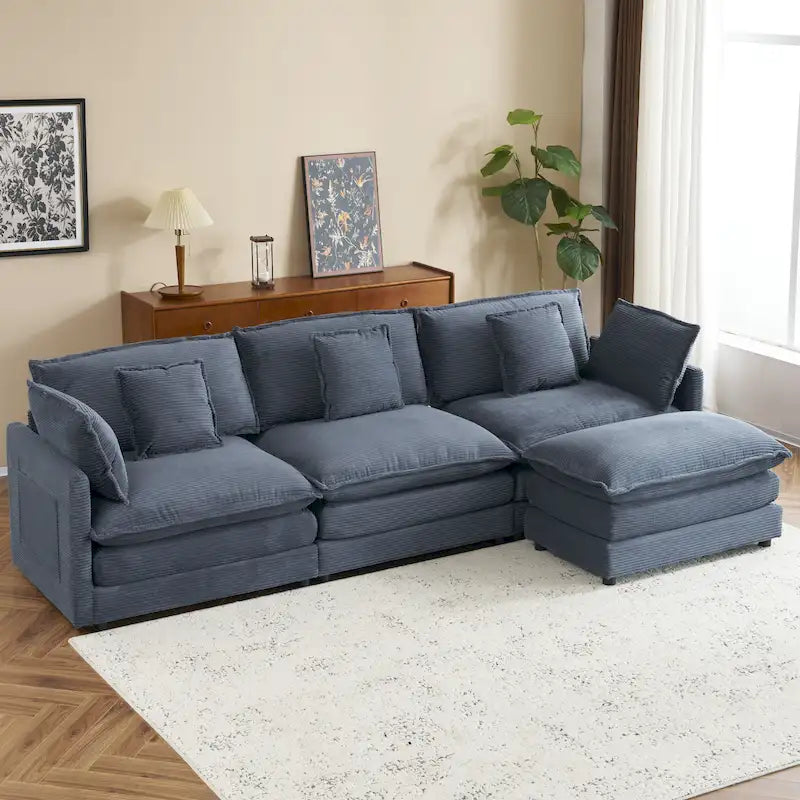 Canapé d'angle avec pouf amovible, en velours côtelé, en forme de L, à assise profonde, avec coussins lombaires et poches latérales.