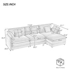 Canapé d'angle avec pouf amovible, en velours côtelé, en forme de L, à assise profonde, avec coussins lombaires et poches latérales.