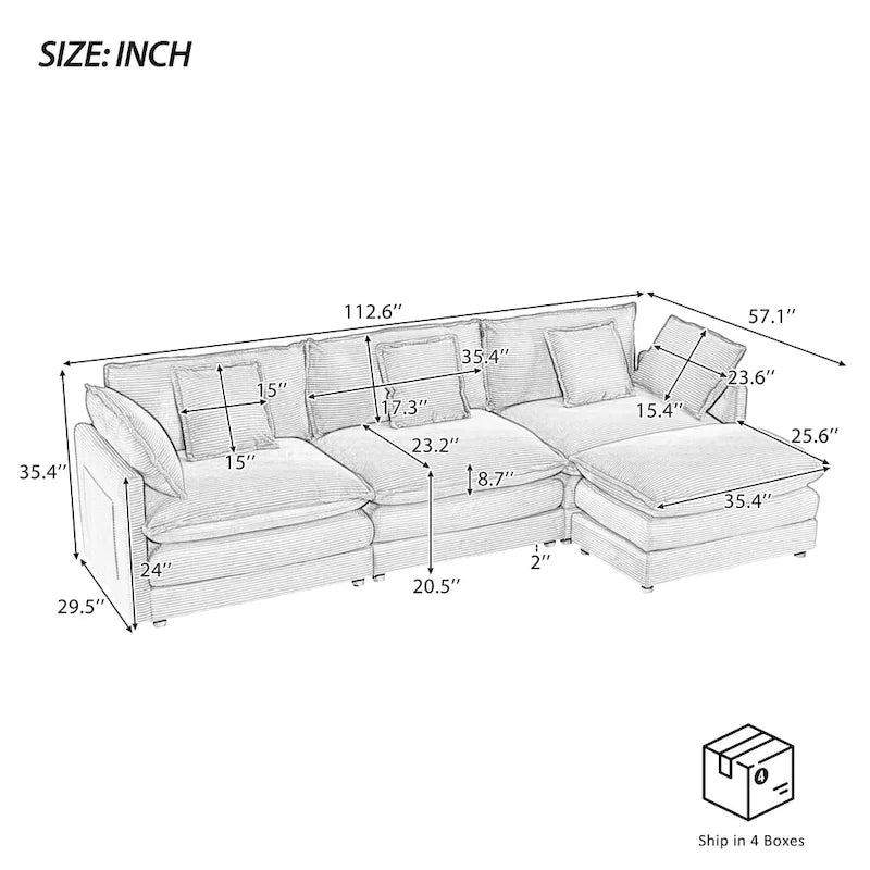 Canapé d'angle avec pouf amovible, en velours côtelé, en forme de L, à assise profonde, avec coussins lombaires et poches latérales.