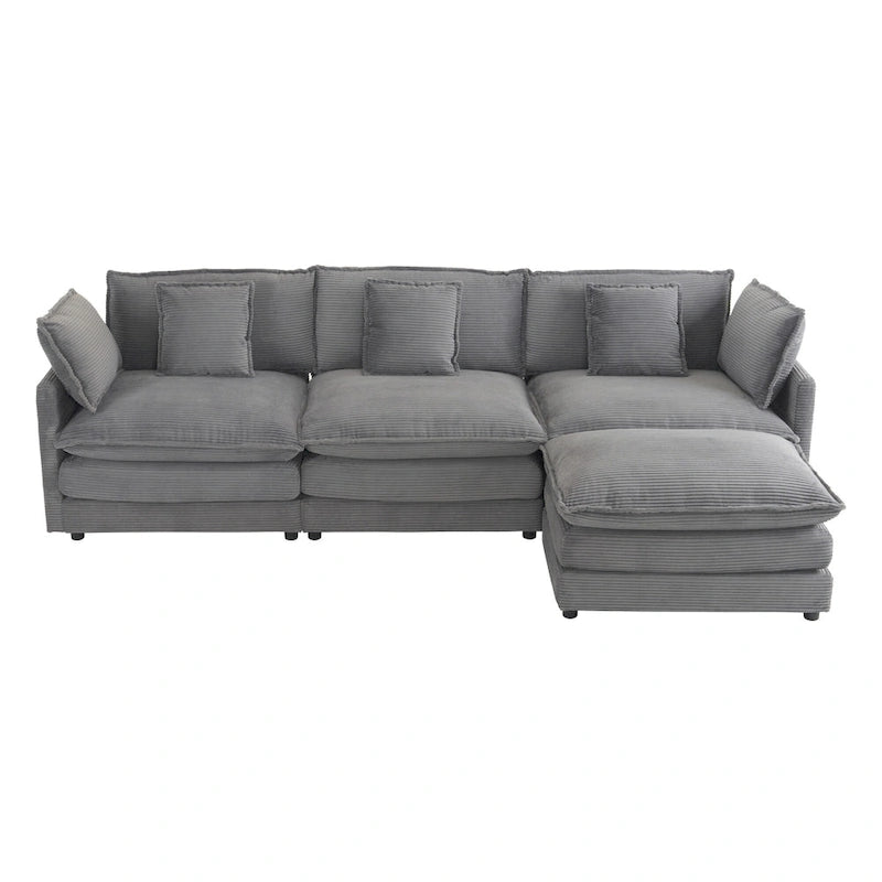 Canapé d'angle avec pouf amovible, en velours côtelé, en forme de L, à assise profonde, avec coussins lombaires et poches latérales.