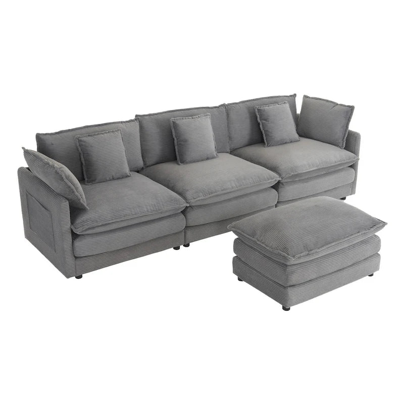 Canapé d'angle avec pouf amovible, en velours côtelé, en forme de L, à assise profonde, avec coussins lombaires et poches latérales.
