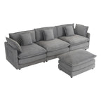 Canapé d'angle avec pouf amovible, en velours côtelé, en forme de L, à assise profonde, avec coussins lombaires et poches latérales.