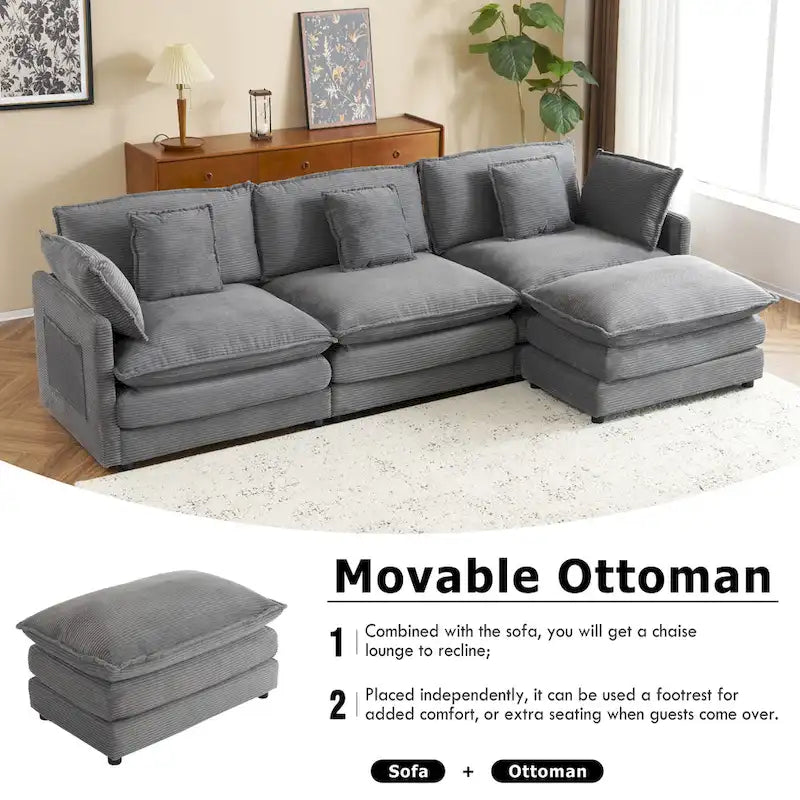 Canapé d'angle avec pouf amovible, en velours côtelé, en forme de L, à assise profonde, avec coussins lombaires et poches latérales.