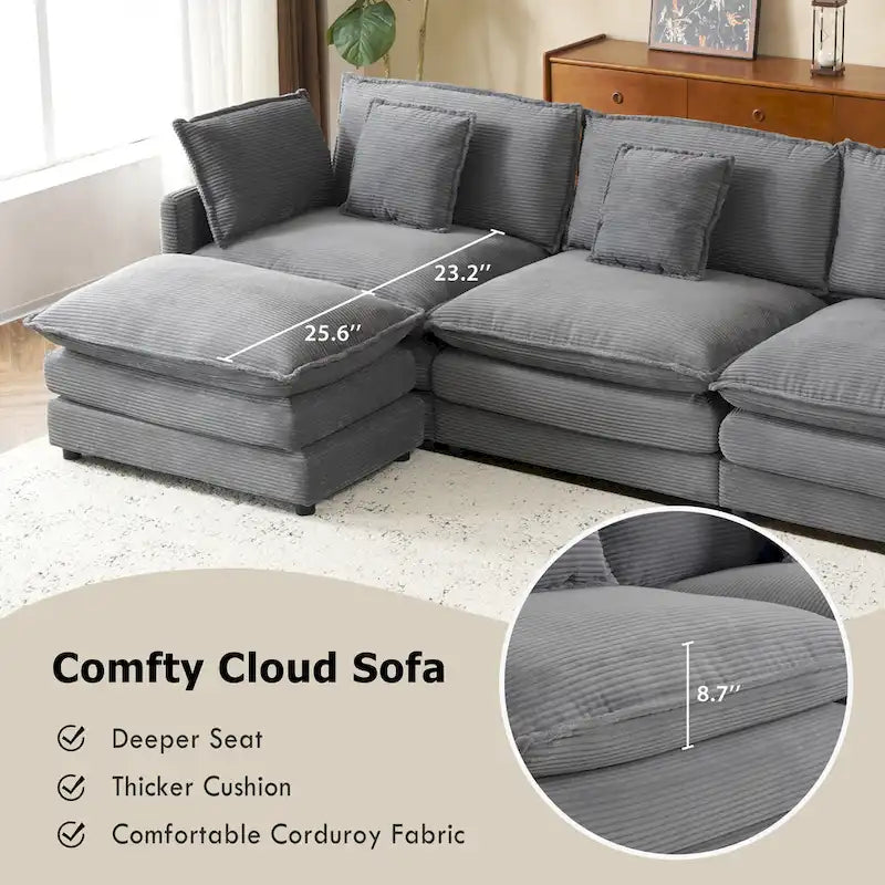 Canapé d'angle avec pouf amovible, en velours côtelé, en forme de L, à assise profonde, avec coussins lombaires et poches latérales.