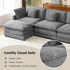 Canapé d'angle avec pouf amovible, en velours côtelé, en forme de L, à assise profonde, avec coussins lombaires et poches latérales.