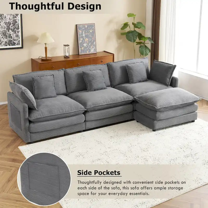 Canapé d'angle avec pouf amovible, en velours côtelé, en forme de L, à assise profonde, avec coussins lombaires et poches latérales.