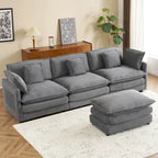 Canapé d'angle avec pouf amovible, en velours côtelé, en forme de L, à assise profonde, avec coussins lombaires et poches latérales.