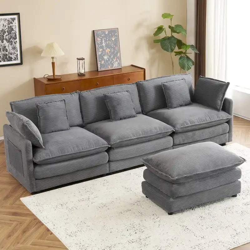 Canapé d'angle avec pouf amovible, en velours côtelé, en forme de L, à assise profonde, avec coussins lombaires et poches latérales.