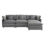 Canapé d'angle avec pouf amovible, en velours côtelé, en forme de L, à assise profonde, avec coussins lombaires et poches latérales.