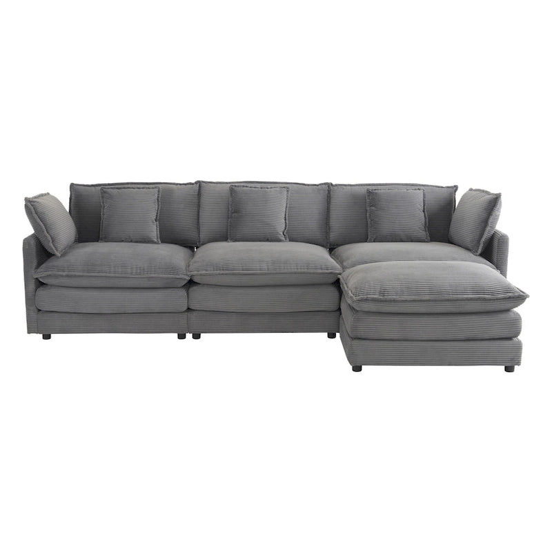 Canapé d'angle avec pouf amovible, en velours côtelé, en forme de L, à assise profonde, avec coussins lombaires et poches latérales.