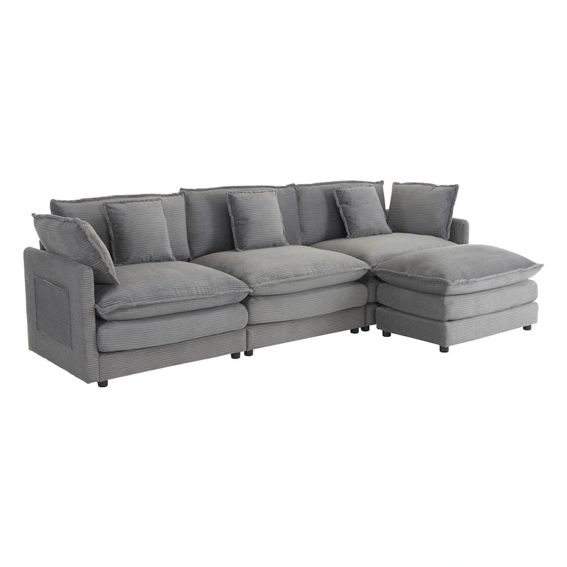 Canapé d'angle avec pouf amovible, en velours côtelé, en forme de L, à assise profonde, avec coussins lombaires et poches latérales.