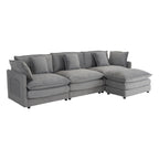 Canapé d'angle avec pouf amovible, en velours côtelé, en forme de L, à assise profonde, avec coussins lombaires et poches latérales.