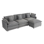 Canapé d'angle avec pouf amovible, en velours côtelé, en forme de L, à assise profonde, avec coussins lombaires et poches latérales.