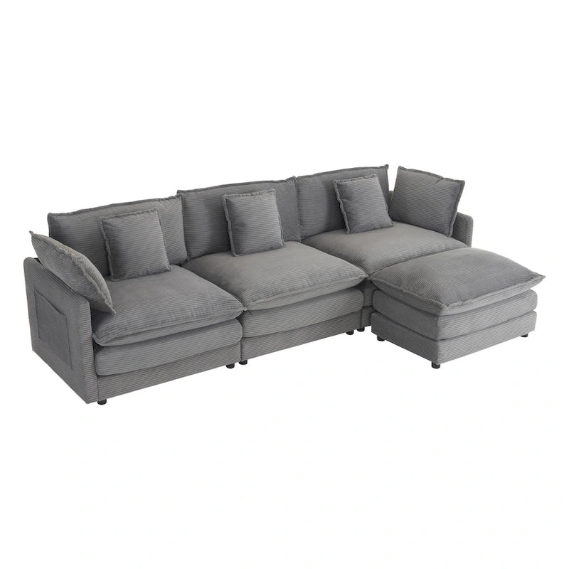 Canapé d'angle avec pouf amovible, en velours côtelé, en forme de L, à assise profonde, avec coussins lombaires et poches latérales.