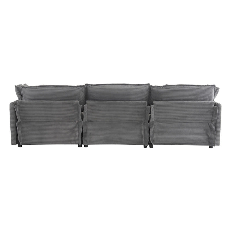 Canapé d'angle avec pouf amovible, en velours côtelé, en forme de L, à assise profonde, avec coussins lombaires et poches latérales.