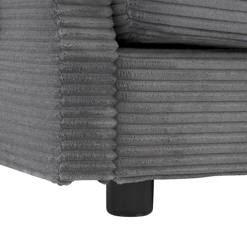 Canapé d'angle avec pouf amovible, en velours côtelé, en forme de L, à assise profonde, avec coussins lombaires et poches latérales.