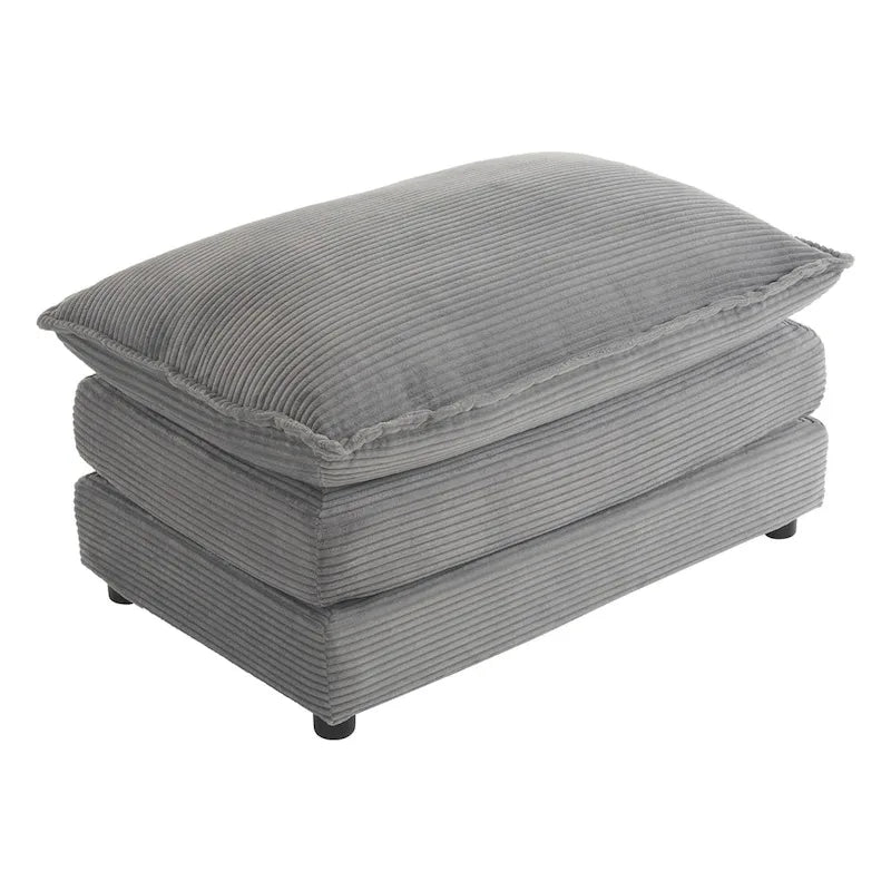 Canapé d'angle avec pouf amovible, en velours côtelé, en forme de L, à assise profonde, avec coussins lombaires et poches latérales.