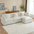 Canapé d'angle avec pouf amovible, en velours côtelé, en forme de L, à assise profonde, avec coussins lombaires et poches latérales.