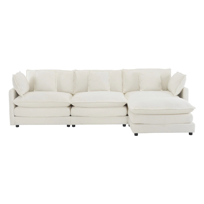 Canapé d'angle avec pouf amovible, en velours côtelé, en forme de L, à assise profonde, avec coussins lombaires et poches latérales.
