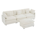 Canapé d'angle avec pouf amovible, en velours côtelé, en forme de L, à assise profonde, avec coussins lombaires et poches latérales.