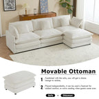 Canapé d'angle avec pouf amovible, en velours côtelé, en forme de L, à assise profonde, avec coussins lombaires et poches latérales.