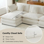 Canapé d'angle avec pouf amovible, en velours côtelé, en forme de L, à assise profonde, avec coussins lombaires et poches latérales.
